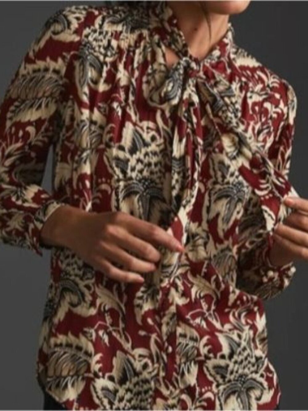 New by Anthropolgie Brown Floral Tie Neck Blouse